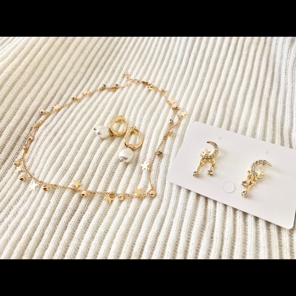Necklace, pearl earring, moon/star earring bundle
